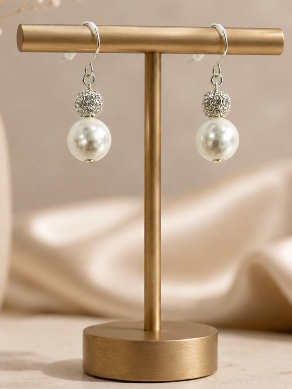 Elegant Faux Pearl & Rhinestone Drop Earrings | Silver Tone Dangle Earrings